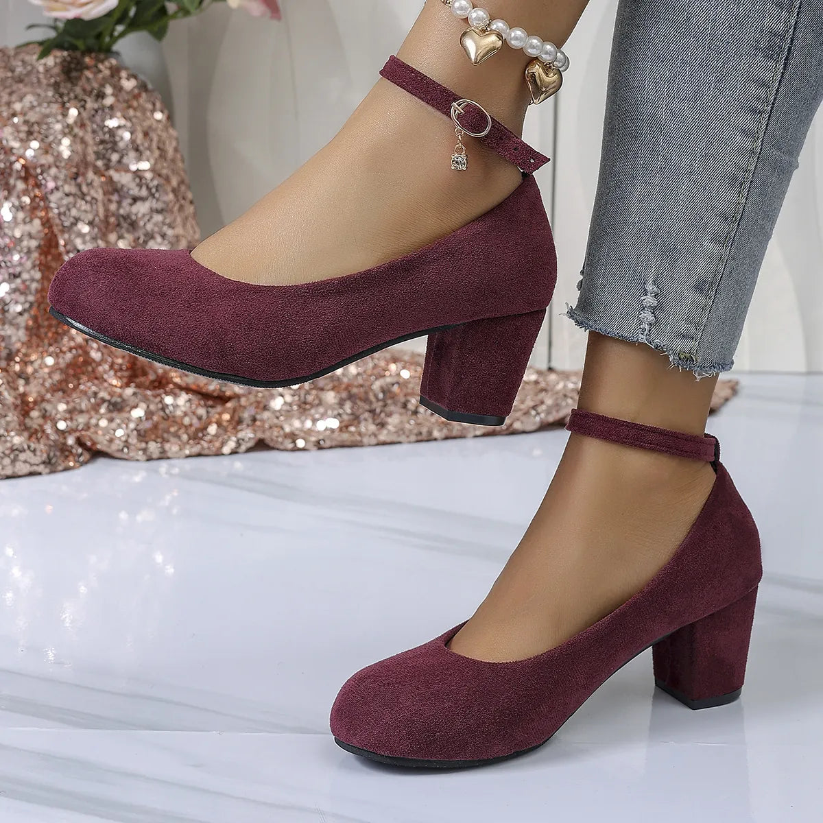 Burgundy Round-Toe Pumps