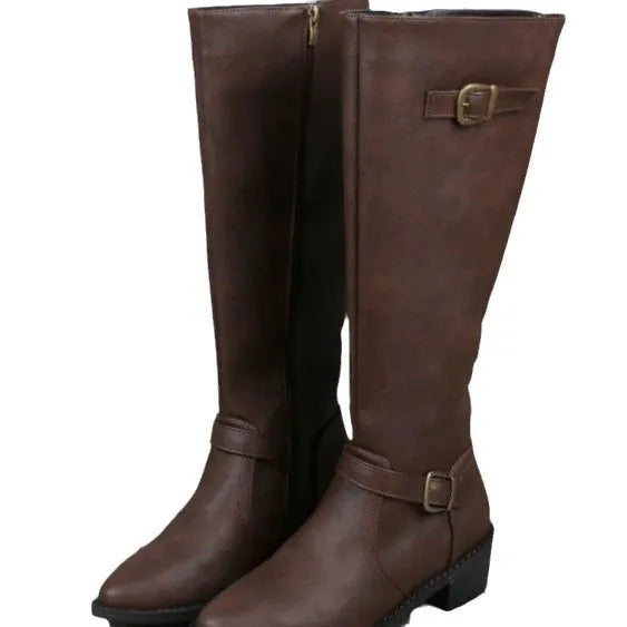 Brown Buckle Knee-High Boots