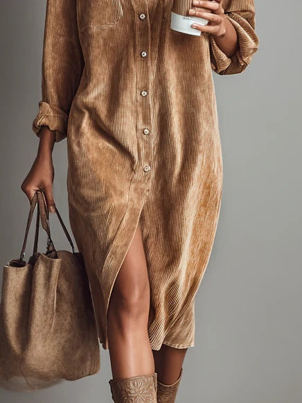 Jessy Corduroy Midi Dress – Brown Detail 3