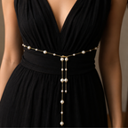Pearl Drape Chain worn with dress