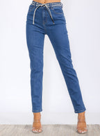 Self-tie straight leg jeans in dark denim, front