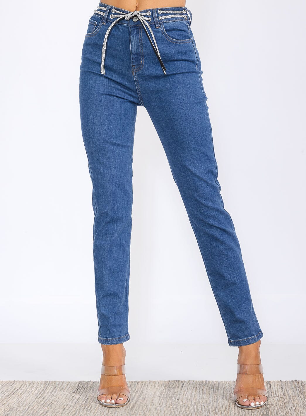 Self-tie straight leg jeans in dark denim, front