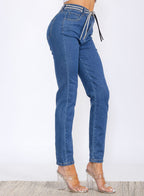 Self-tie straight leg jeans in dark denim, side