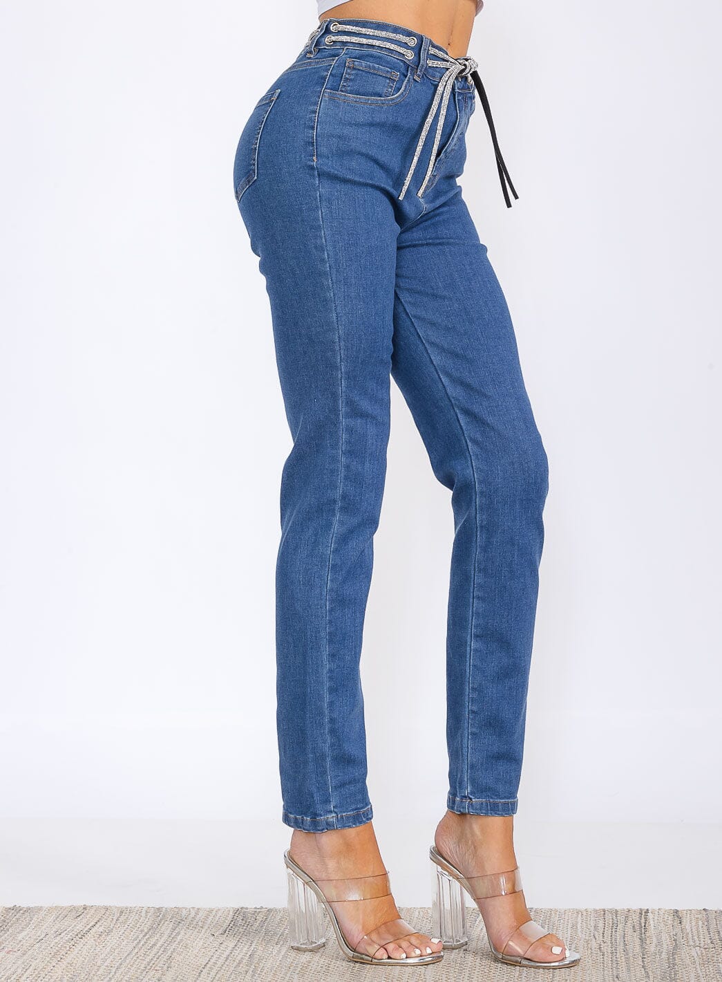 Self-tie straight leg jeans in dark denim, side