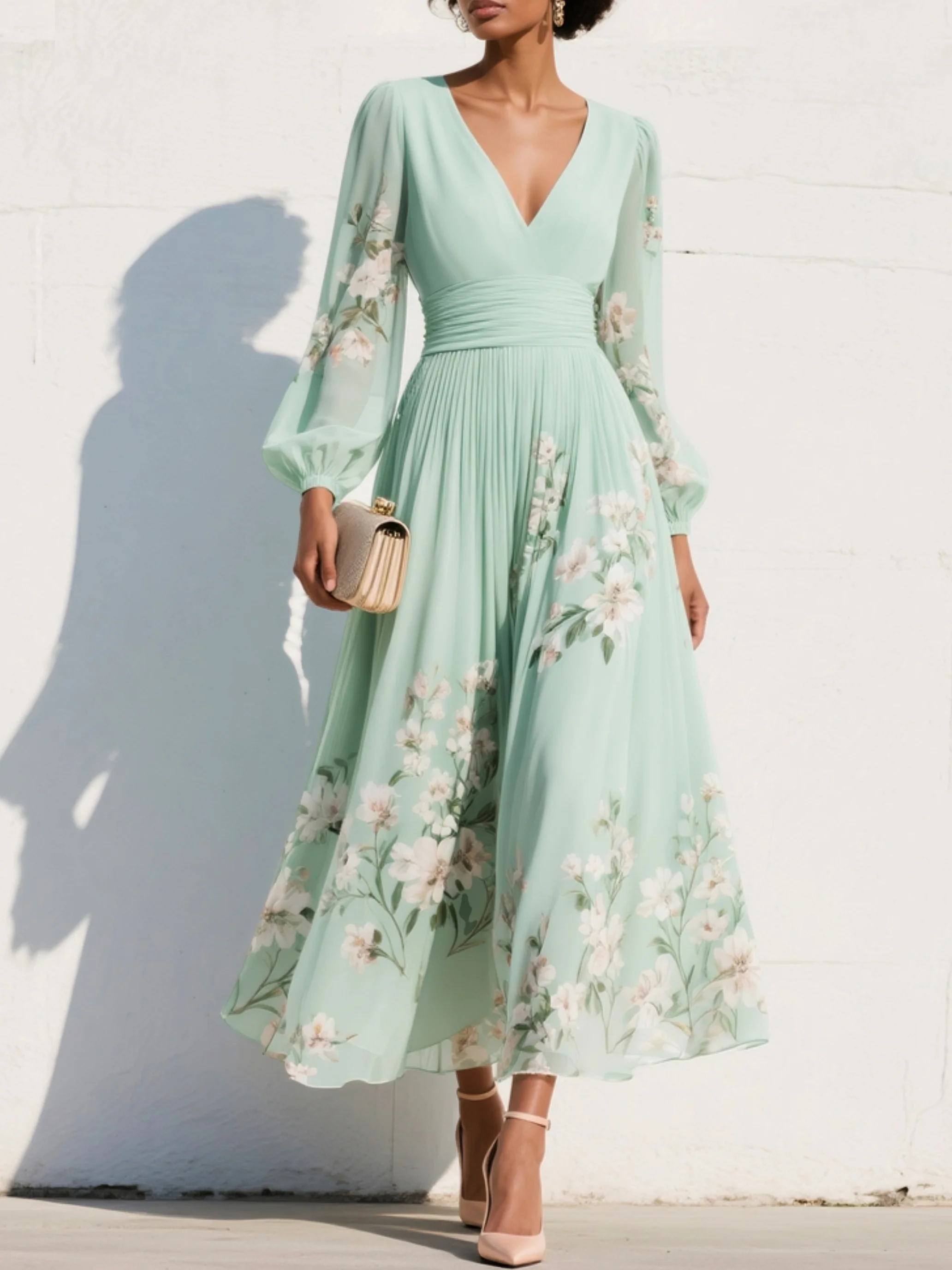 Lyralei | Women's Floral V-Neck Long Sleeve Midi Dress