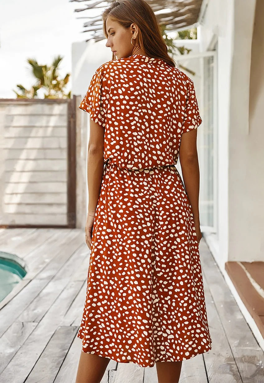 Elizabeth - Women's Animal Print Short Sleeve Midi Shirt Dress