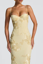 Melissa - Yellow Embroidered Corset Mermaid Maxi Dress