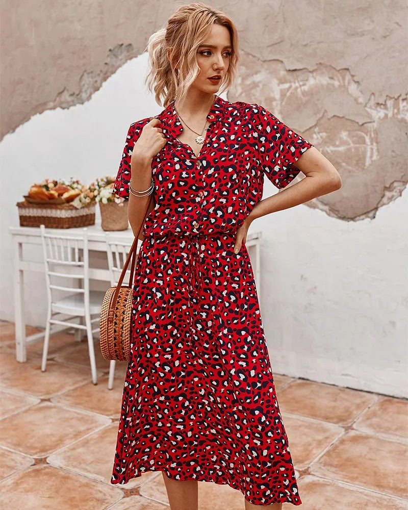 Elizabeth - Women's Animal Print Short Sleeve Midi Shirt Dress