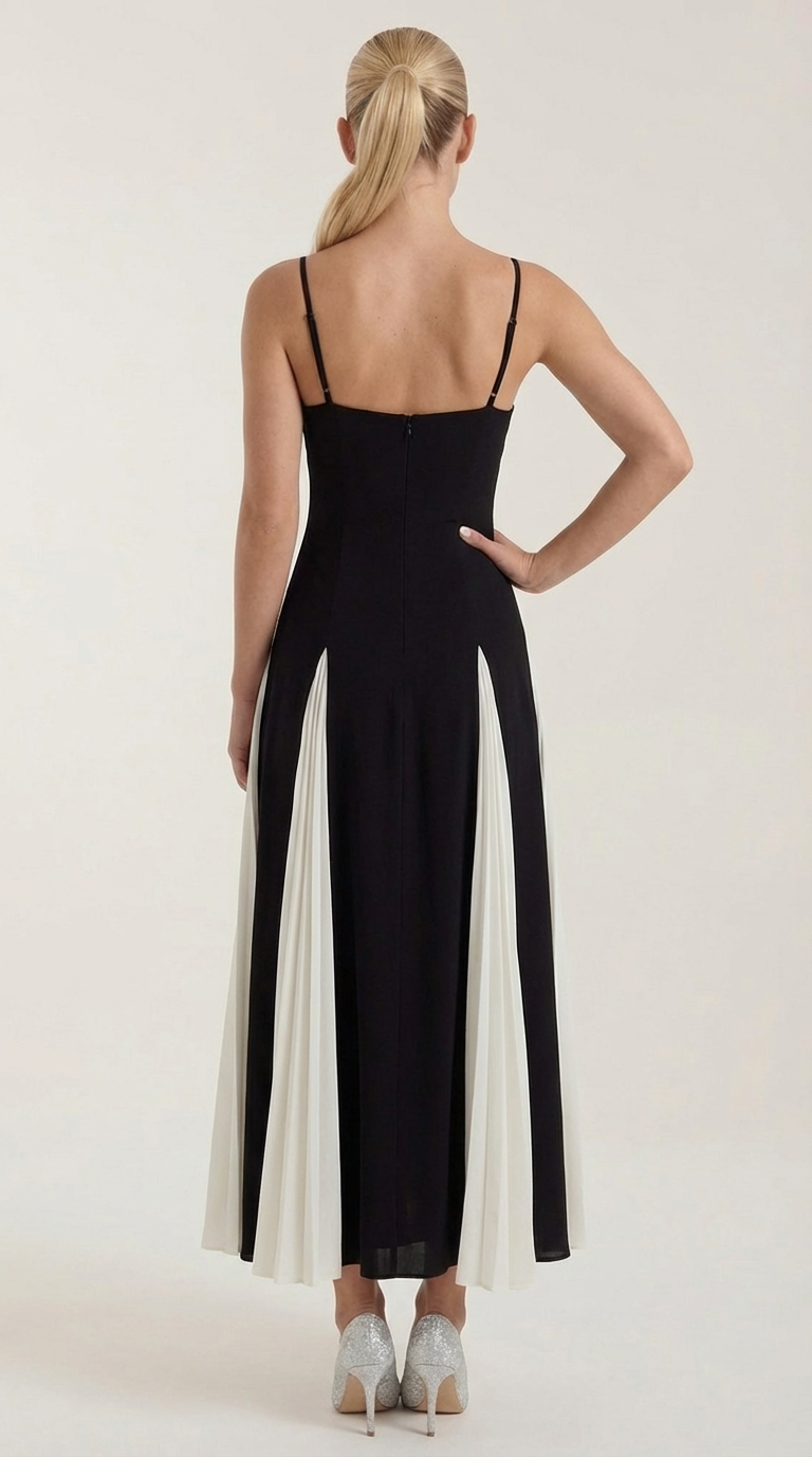 Karen - Women's Two-Tone Midi Dress with Tie Straps and Side Panels
