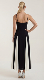 Karen - Women's Two-Tone Midi Dress with Tie Straps and Side Panels