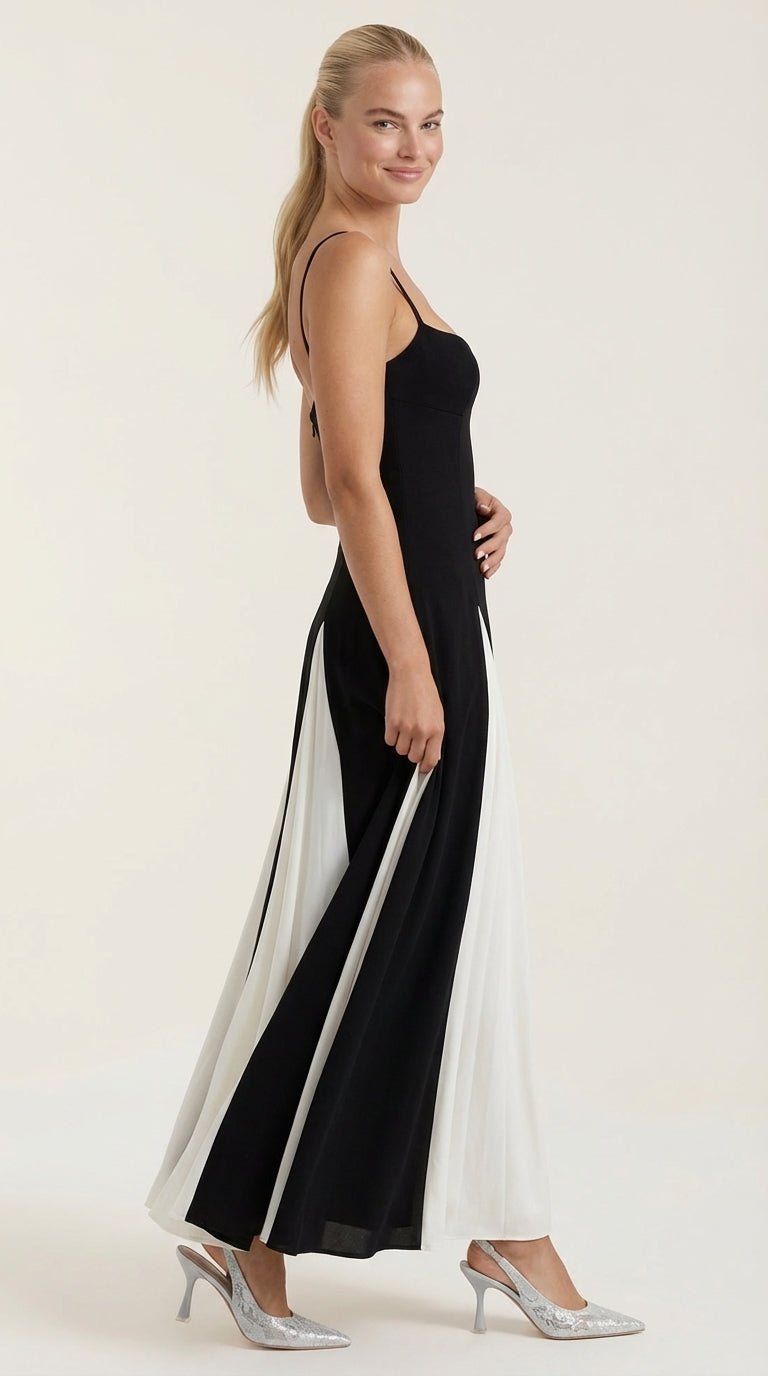 Karen - Women's Two-Tone Midi Dress with Tie Straps and Side Panels
