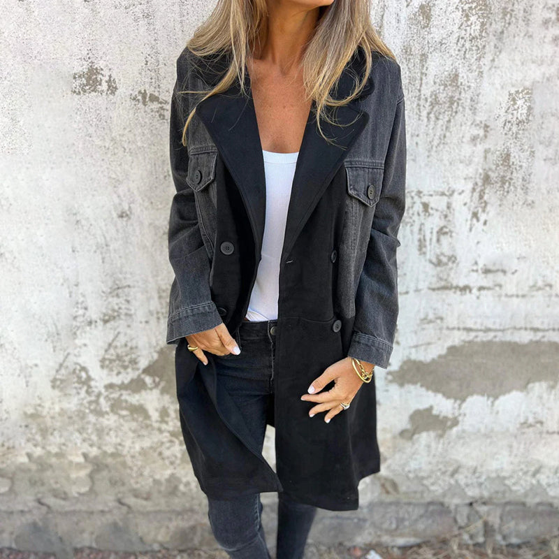 Black - Sophie | Stylish Mid-Length Trench Coat with Denim Detail