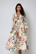 Women's Floral Print Midi Dress with V-Neck and Long Sleeves