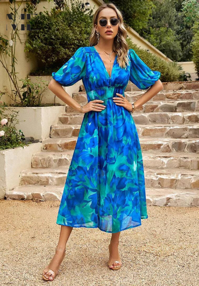 Women's Floral V Neck Midi Wedding Guest Dress