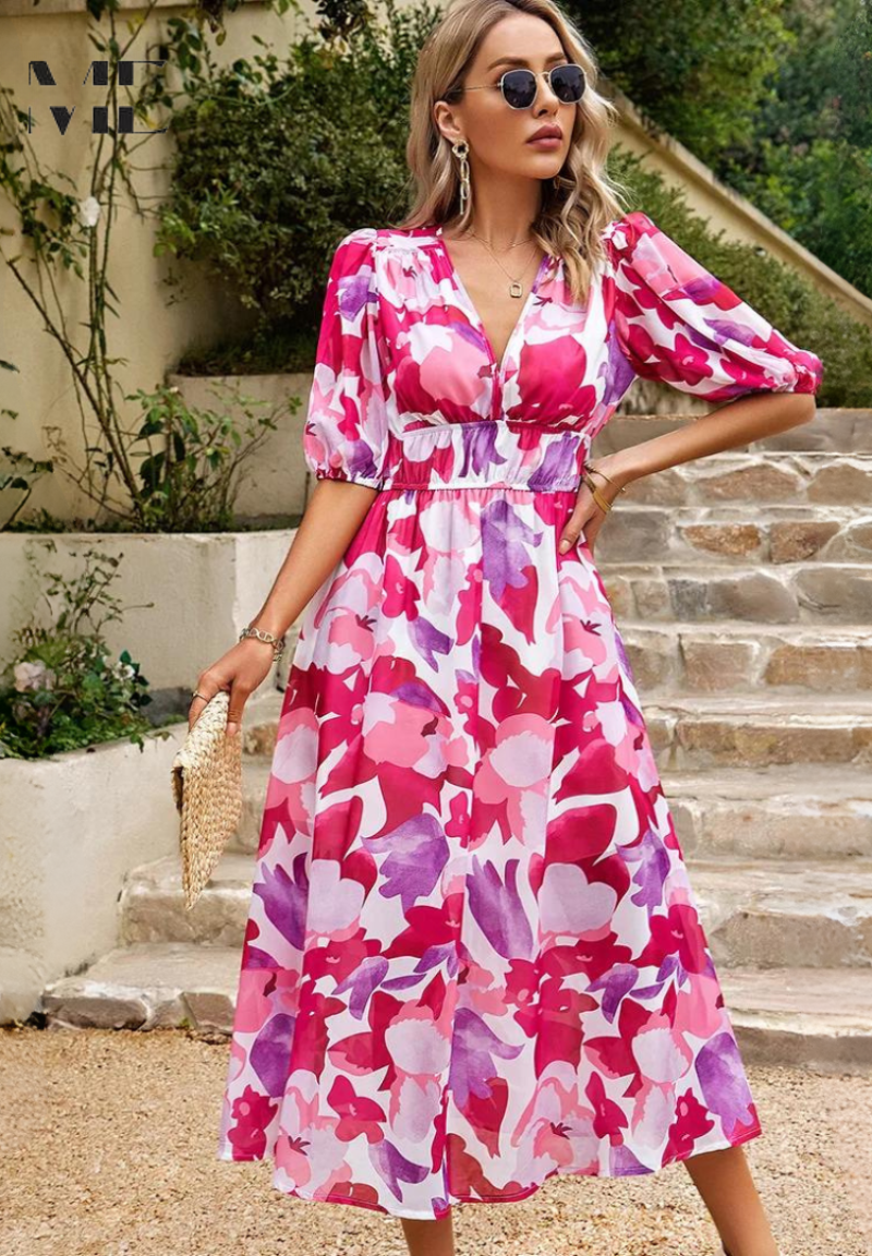 Women's Floral V Neck Midi Wedding Guest Dress