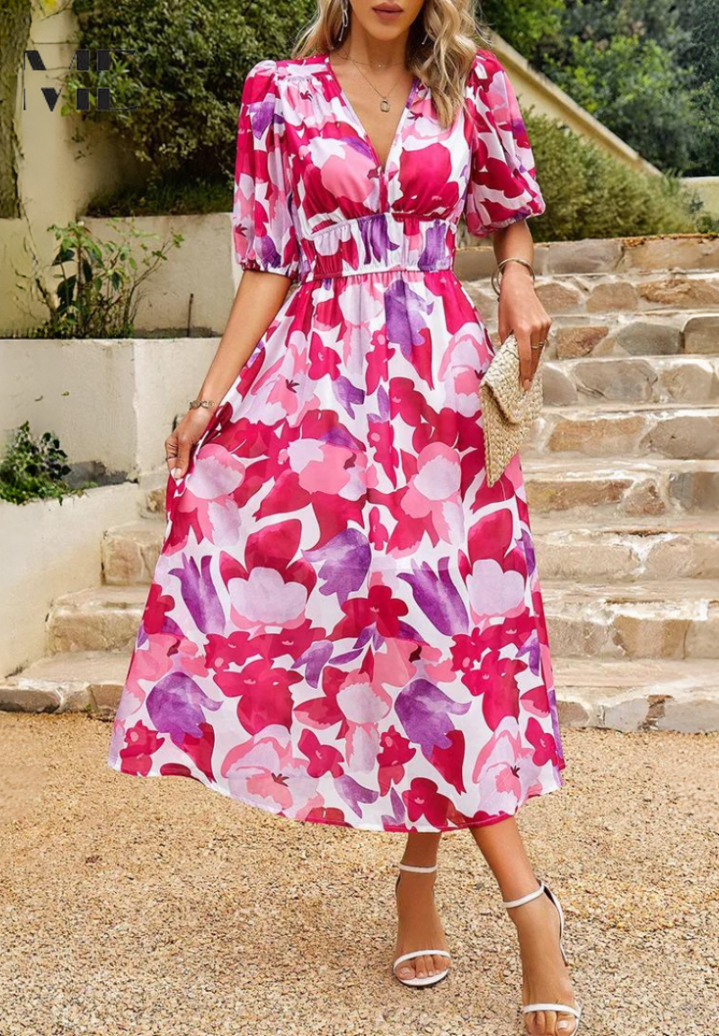 Women's Floral V Neck Midi Wedding Guest Dress