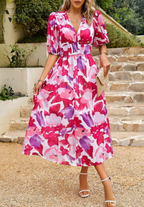 Women's Floral V Neck Midi Wedding Guest Dress