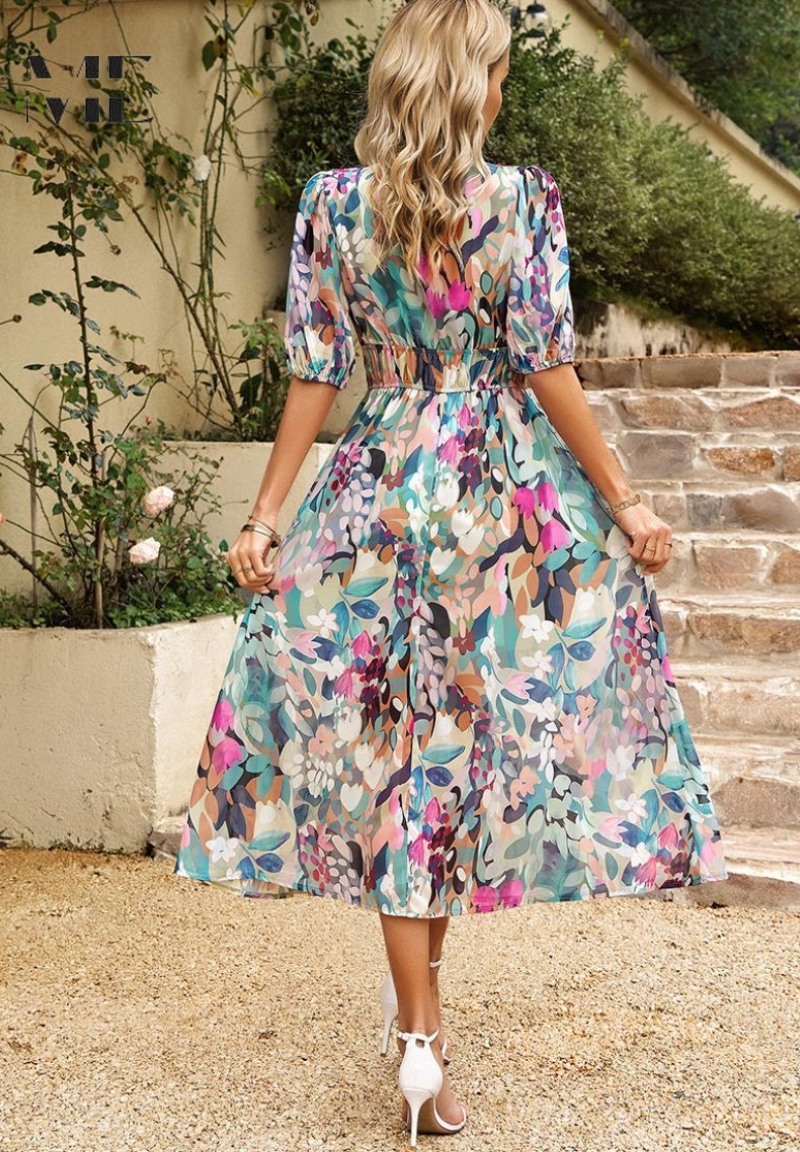 Women's Floral V Neck Midi Wedding Guest Dress