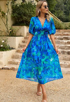 Women's Floral V Neck Midi Wedding Guest Dress