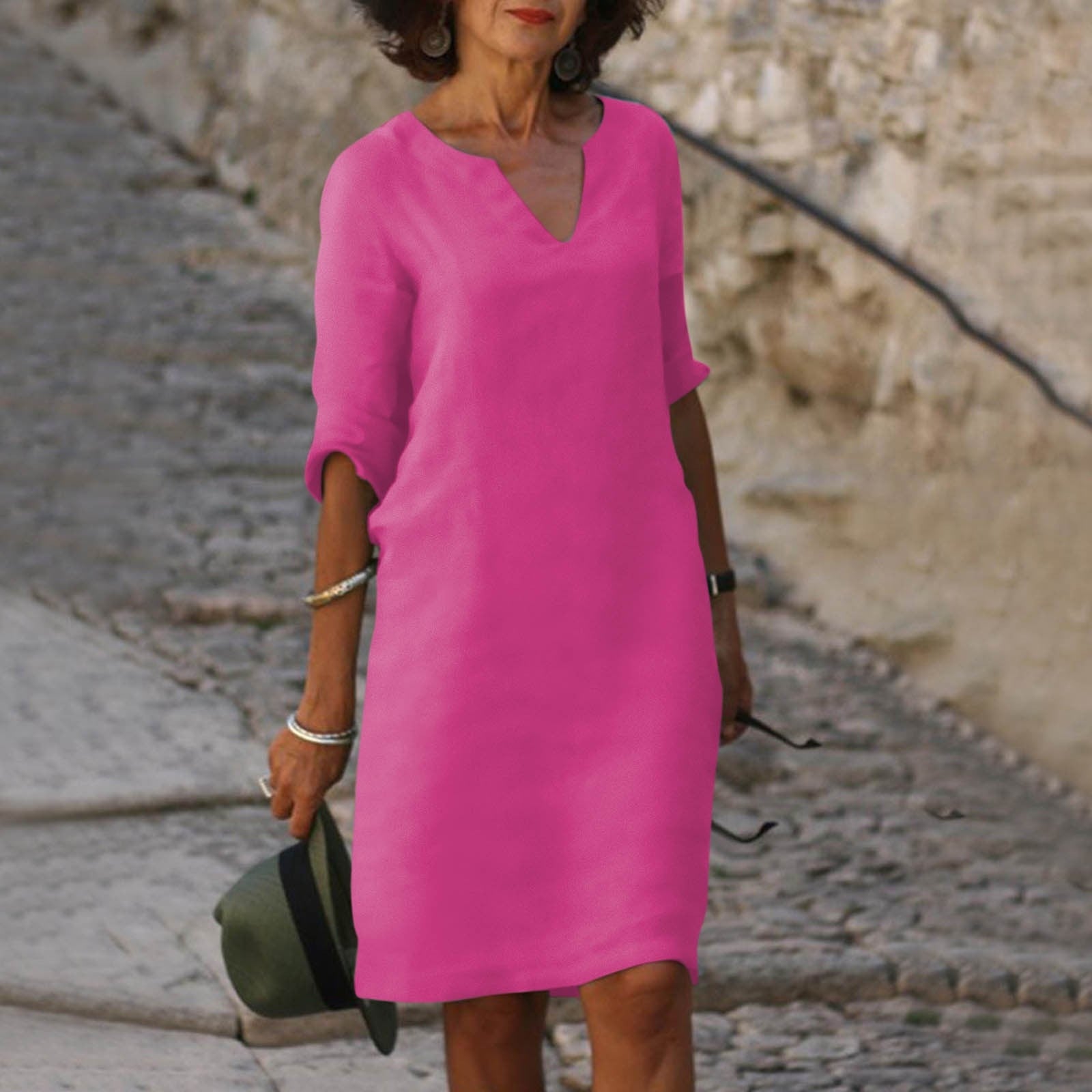 Maria | Women's Summer Midi Dress with V-Neck in Linen