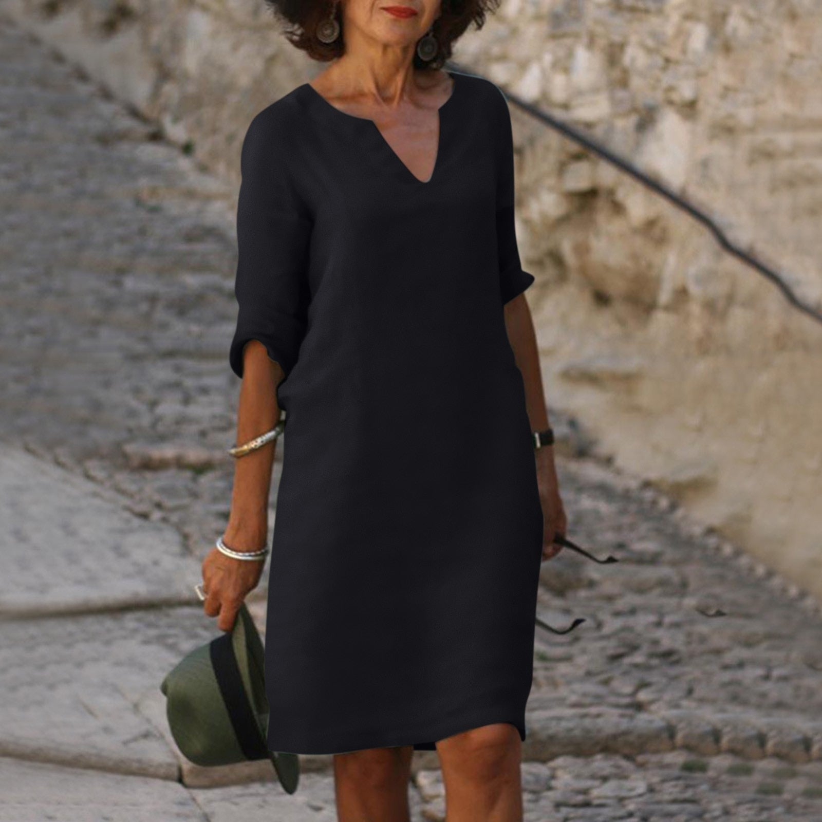 Maria | Women's Summer Midi Dress with V-Neck in Linen